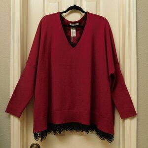 Chico’s Lace Trim Poncho Womens L/XL Red Long Sleeve V-neck Oversized0 Fit